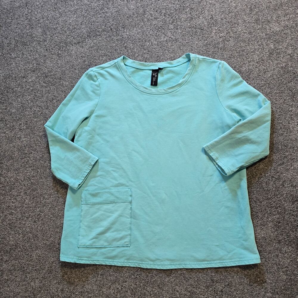 Focus Casual Life Top Womens Size Medium Green Pocket 3/4 Sleeve Stretch Casual